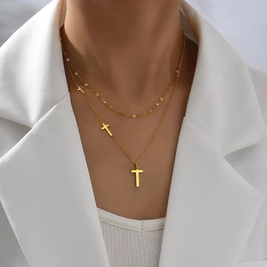 Layered Cross Necklace for Women - Gold Titanium Steel Gift Jewelry