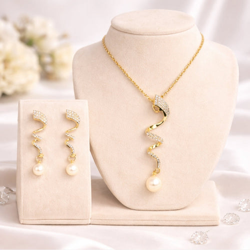 Classic Imitation Pearl Gold Color Jewelry Set Elegant Party Wear | AW