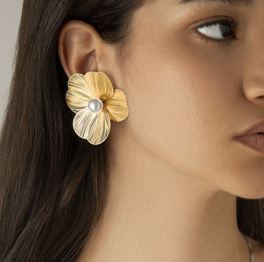 Gold Earrings Set 2 pairs of Ear Vintage Pearl Flowers Women Jewelry Gifts