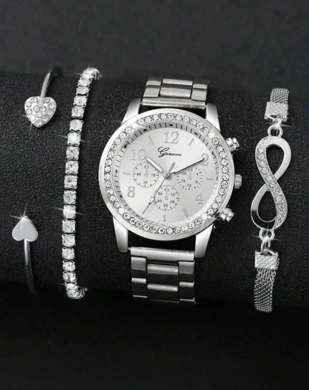 4 Pieces Lady's Silver Stainless Steel Strap Classic Quartz Watch Jewelry Set
