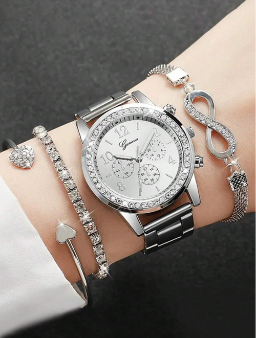 4 Pieces Lady's Silver Stainless Steel Strap Classic Quartz Watch Jewelry Set