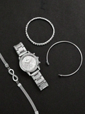 4 Pieces Lady's Silver Stainless Steel Strap Classic Quartz Watch Jewelry Set