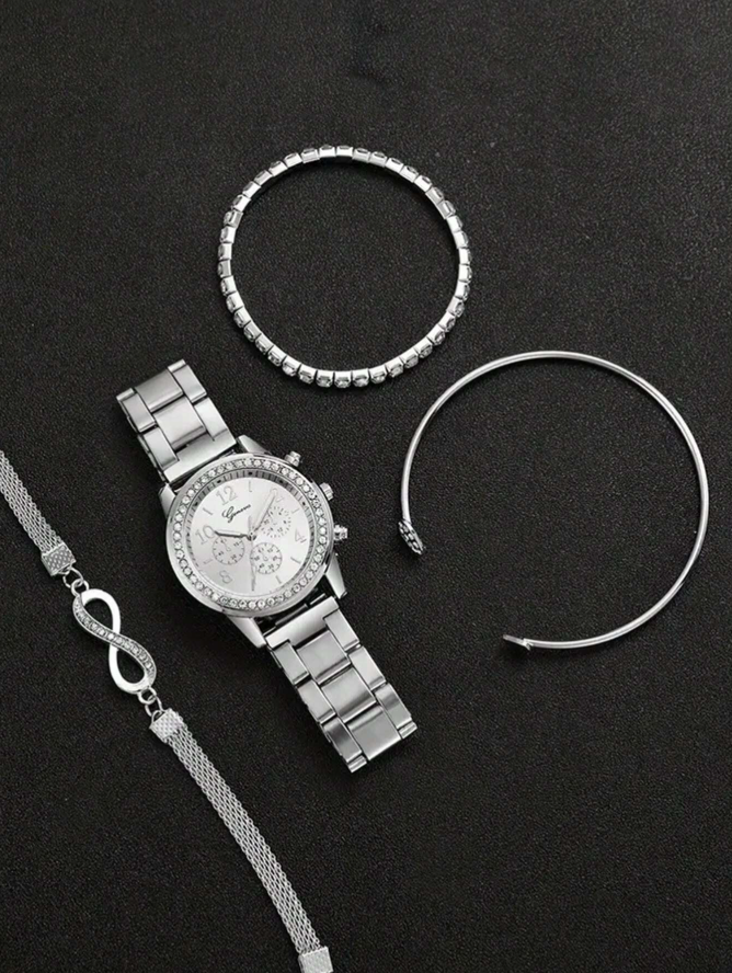 4 Pieces Lady's Silver Stainless Steel Strap Classic Quartz Watch Jewelry Set