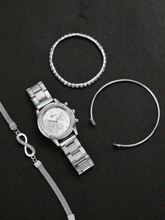 4 Pieces Lady's Silver Stainless Steel Strap Classic Quartz Watch Jewelry Set