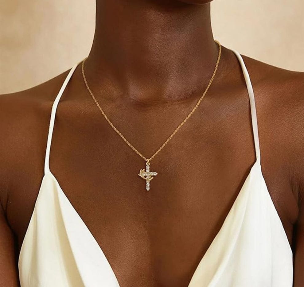 Grace Cross Necklace (Gold & Silver) Popular Cross with Crown Pendant Necklaces with Chain