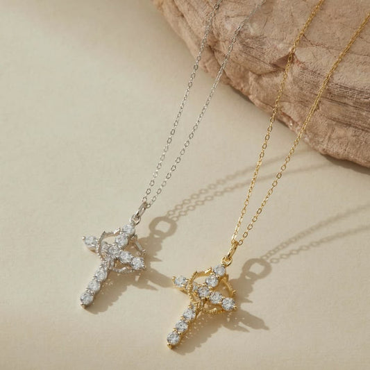 Grace Cross Necklace (Gold & Silver) Popular Cross with Crown Pendant Necklaces with Chain