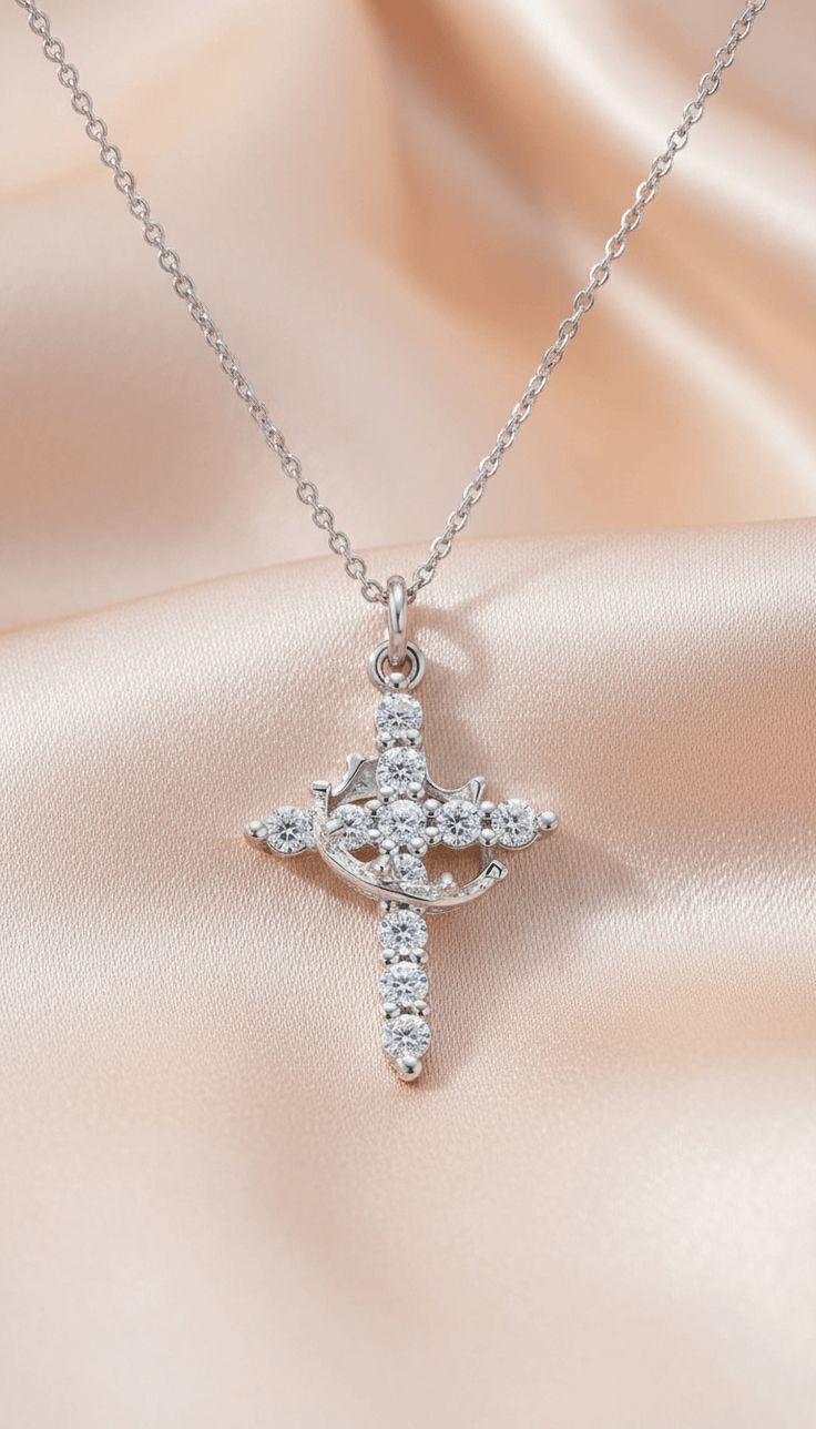 Grace Cross Necklace (Gold & Silver) Popular Cross with Crown Pendant Necklaces with Chain
